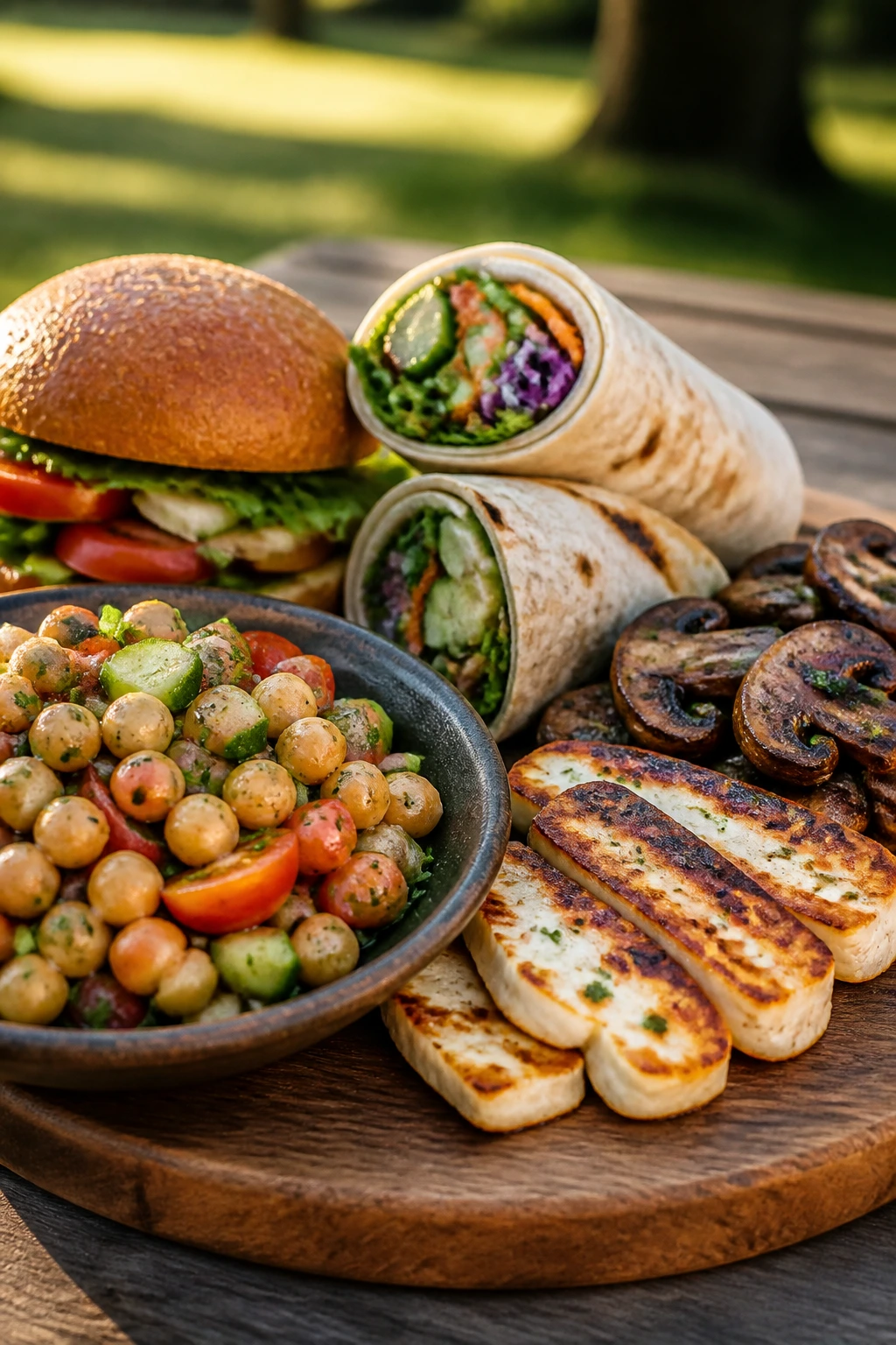 Picnic board with gluten-free buns, wraps, chickpeas, mushrooms, and halloumi on a wooden board.
