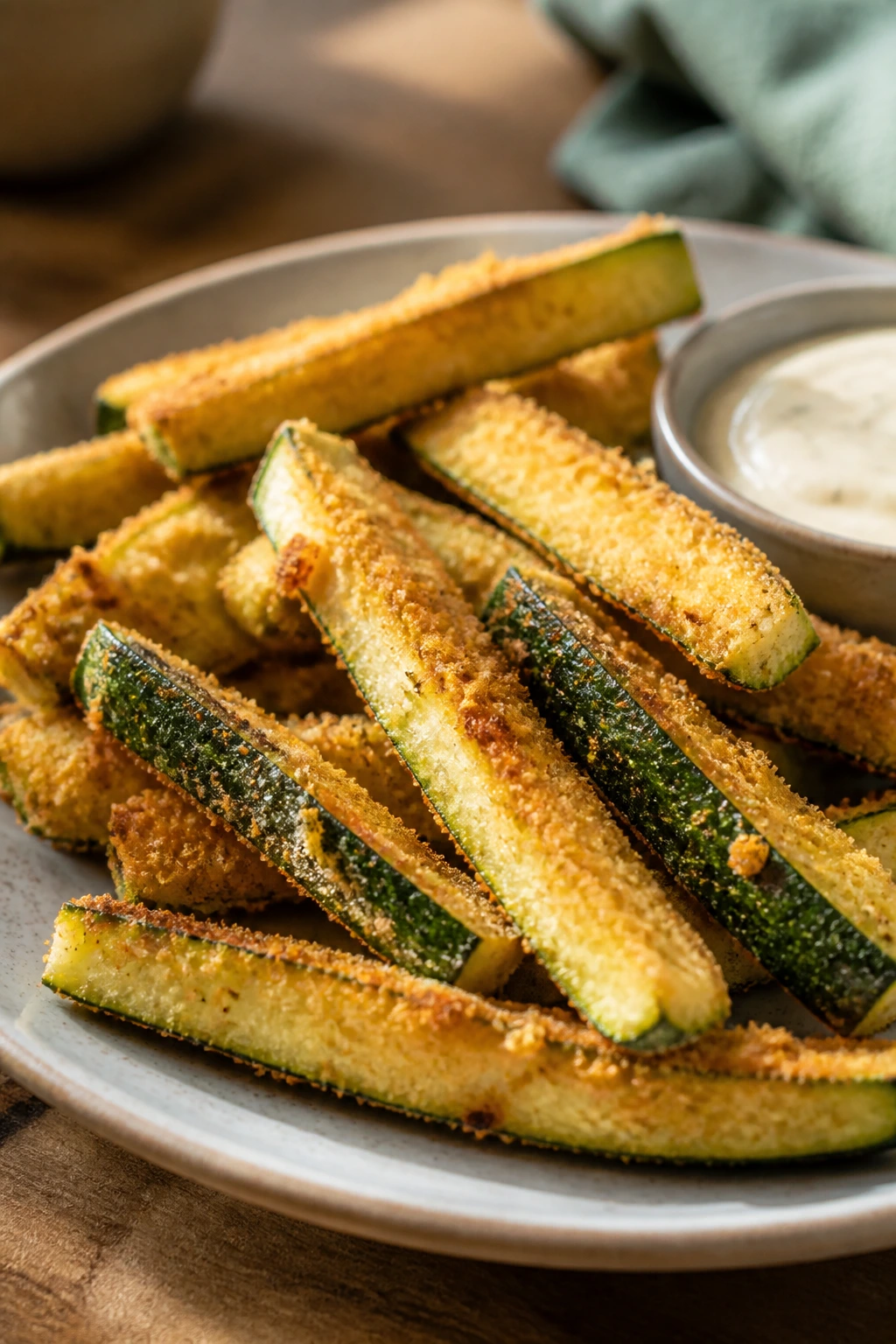 Gluten-free zucchini fries with a crispy coating on a plate.