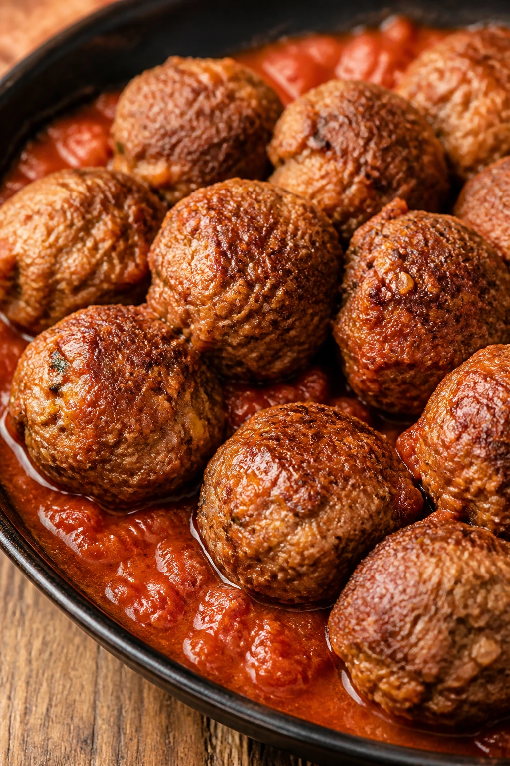Close-up of gluten-free almond meal meatballs in tomato sauce on a rustic wooden table