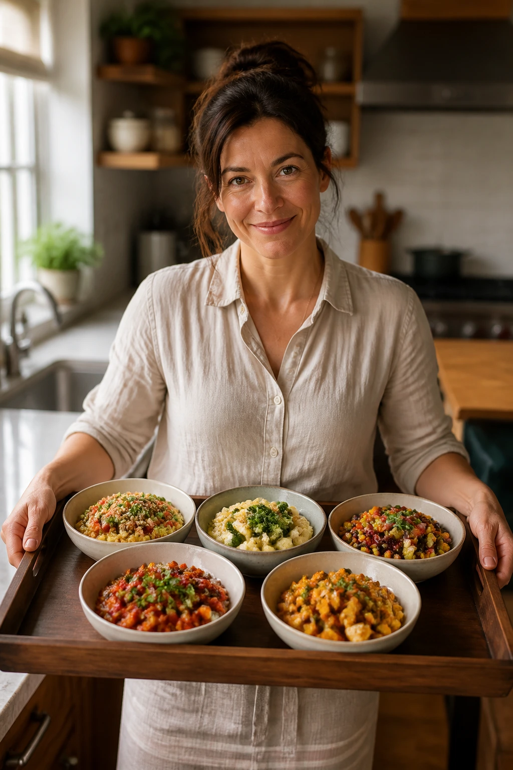 Home cook with a tray of five variation-style dinners