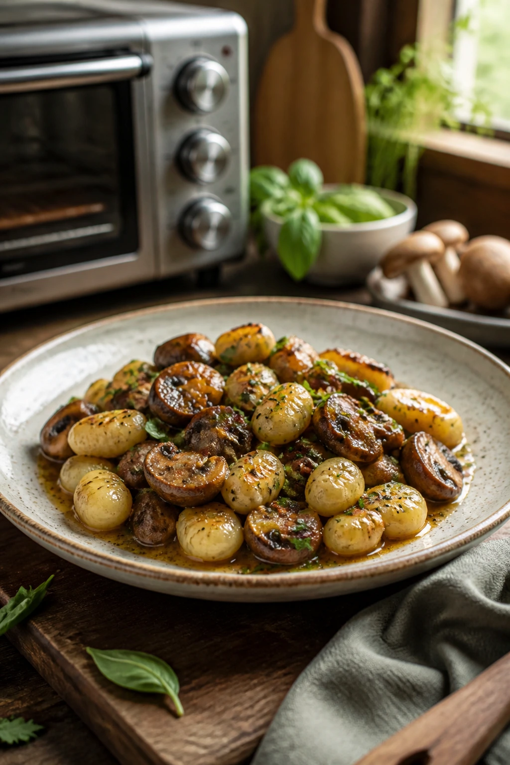 Gluten-free gnocchi dish on rustic plate with mushrooms