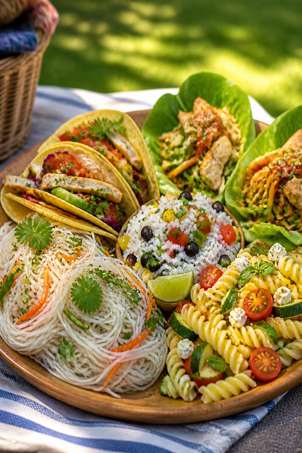 Close-up of a gluten-free picnic plate with noodles tortillas and lettuce cups in a park