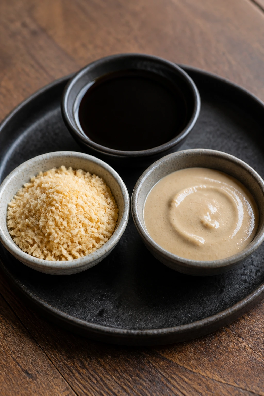 Three bowls with tamari, breadcrumbs, and tahini for variations