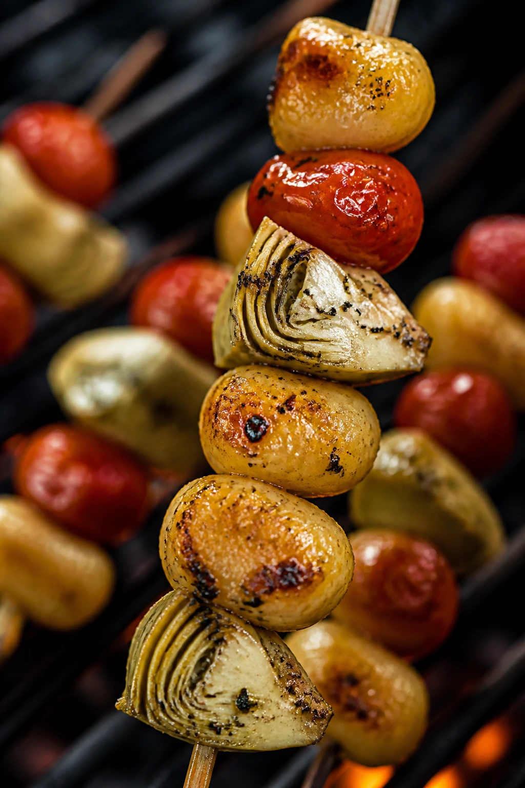 Close-up gnocchi artichoke cherry tomato skewers on grill