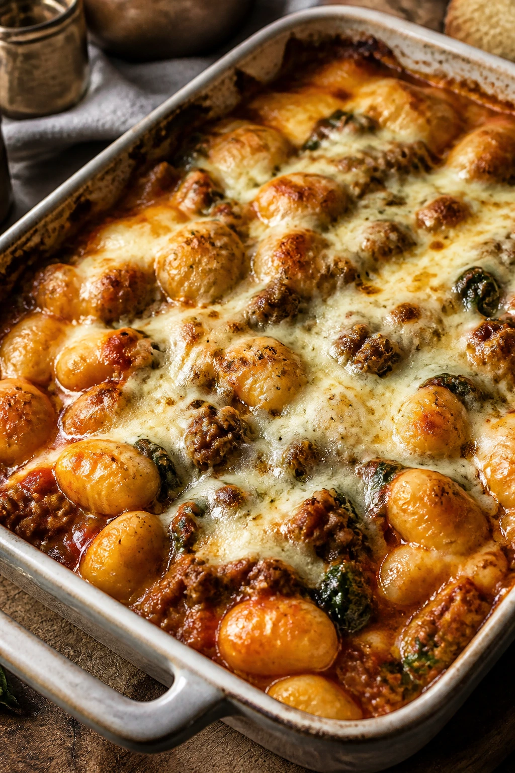 Bubbling gnocchi bake with beef, spinach, and melted mozzarella in a baking dish