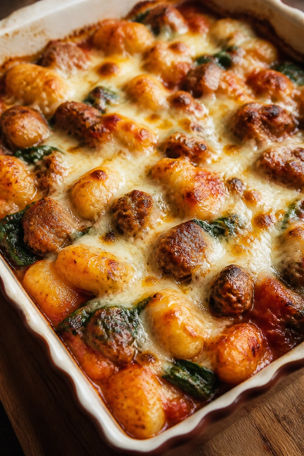 Close-up of sausage gnocchi bake with mozzarella