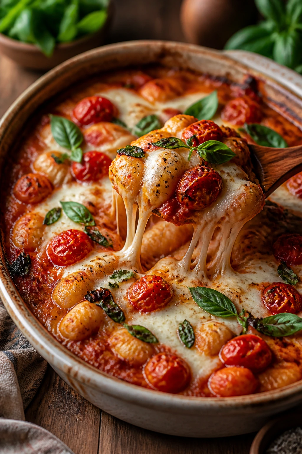 Close-up of bubbling tomato basil gnocchi bake in a ceramic dish