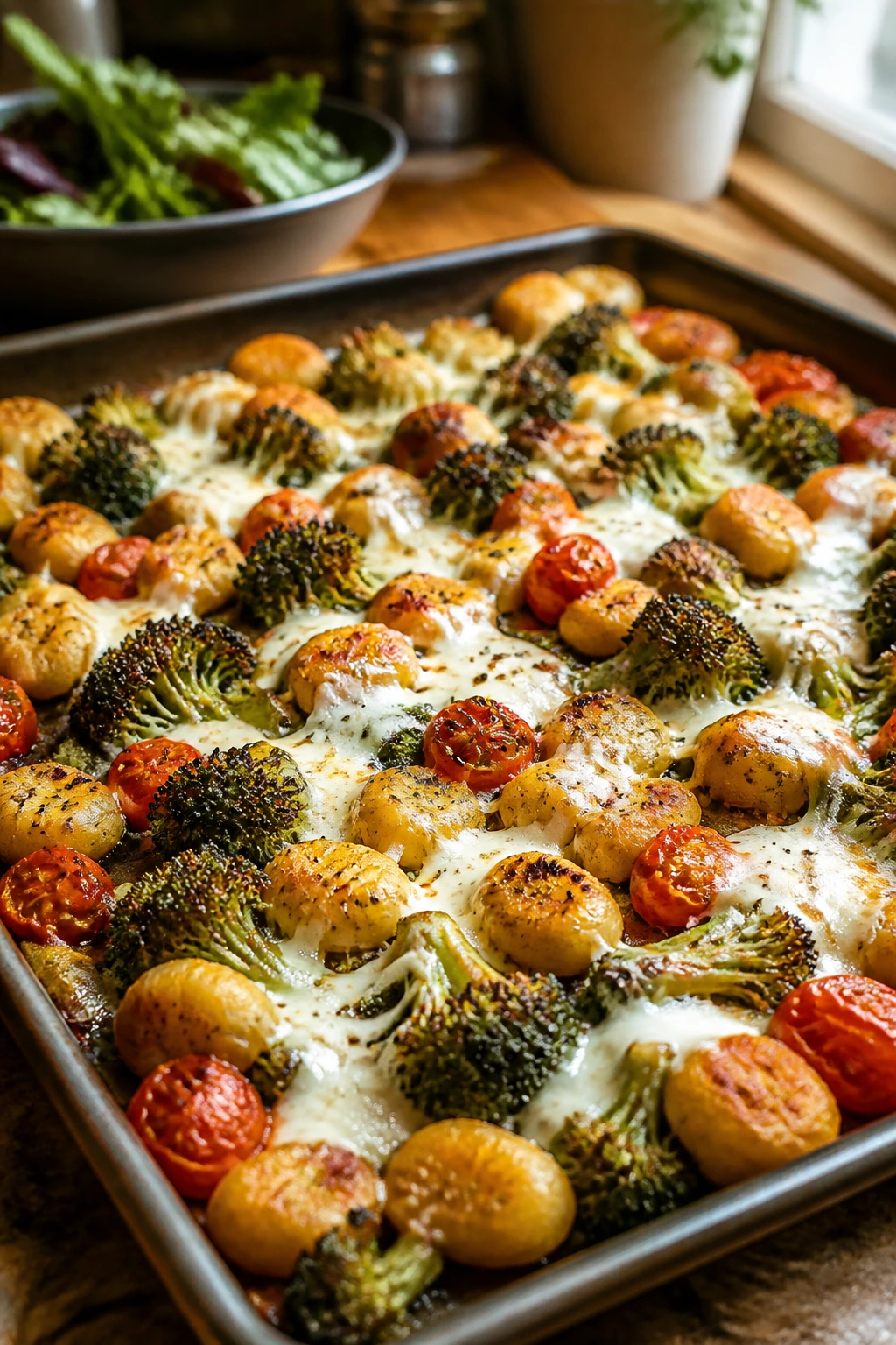 Close-up of sheet-pan gnocchi with broccoli and mozzarella, crisp edges and melted cheese in a warm kitchen