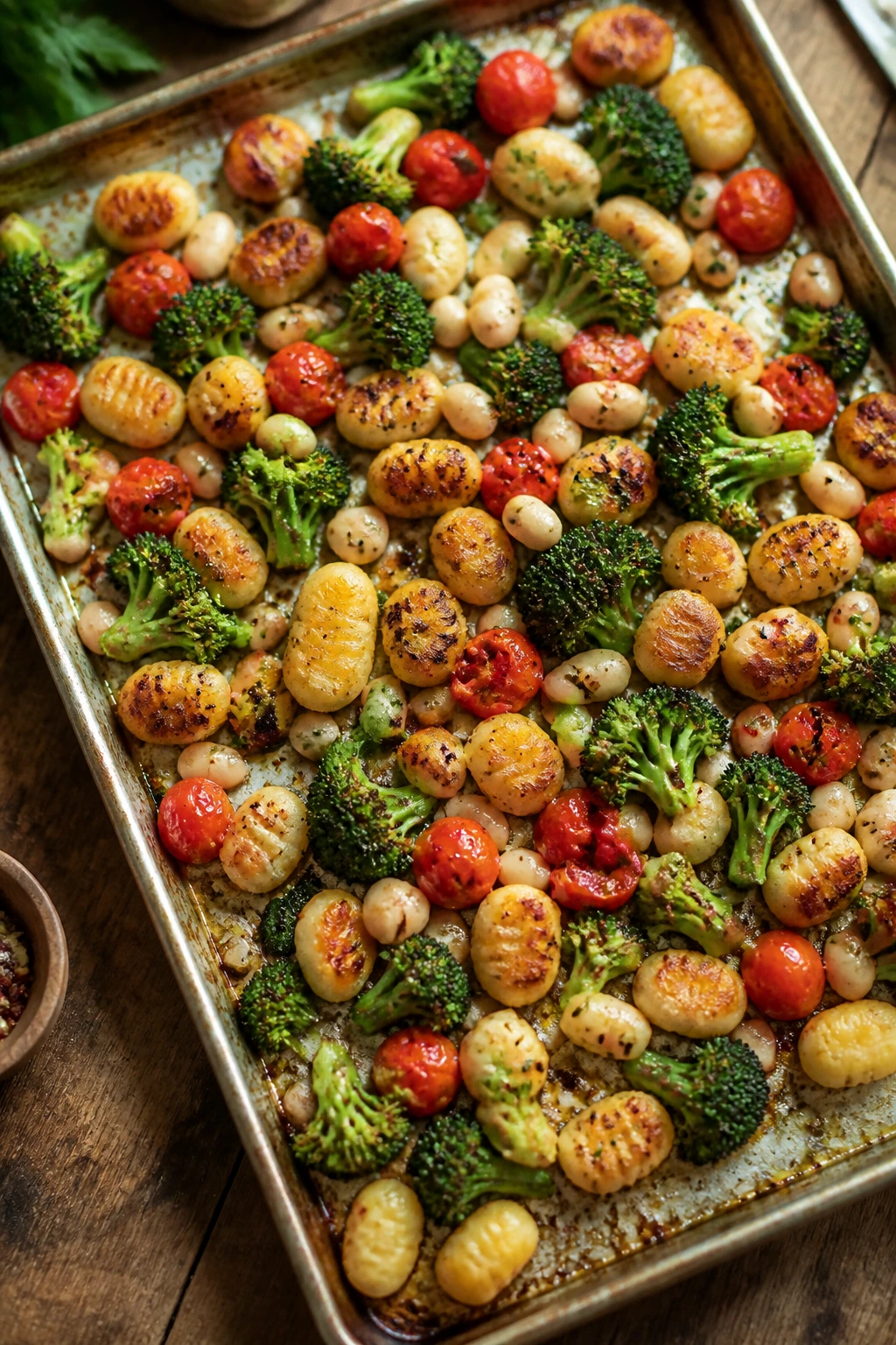 Sheet-pan gnocchi with broccoli, tomatoes, and white beans on a single pan.