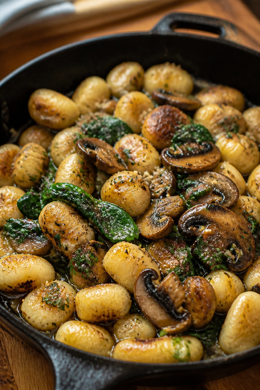 Close-up of mushroom and spinach gnocchi with browned butter in a cast-iron skillet