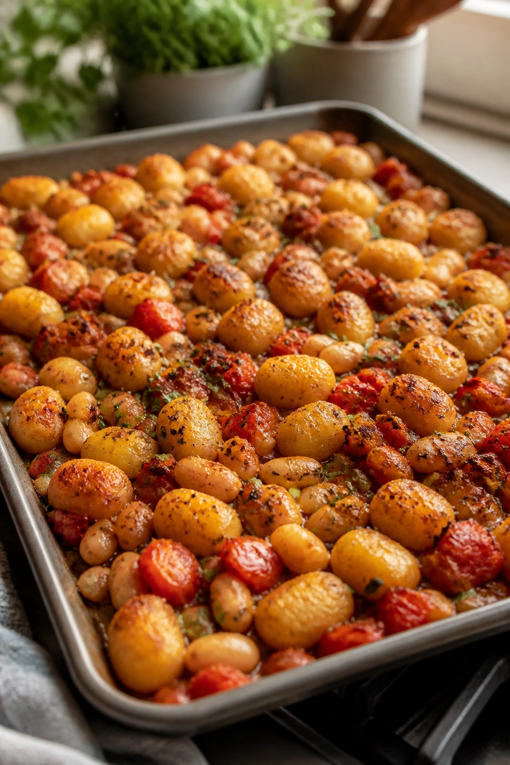 Pan of gnocchi with cannellini beans and tomatoes, roasted