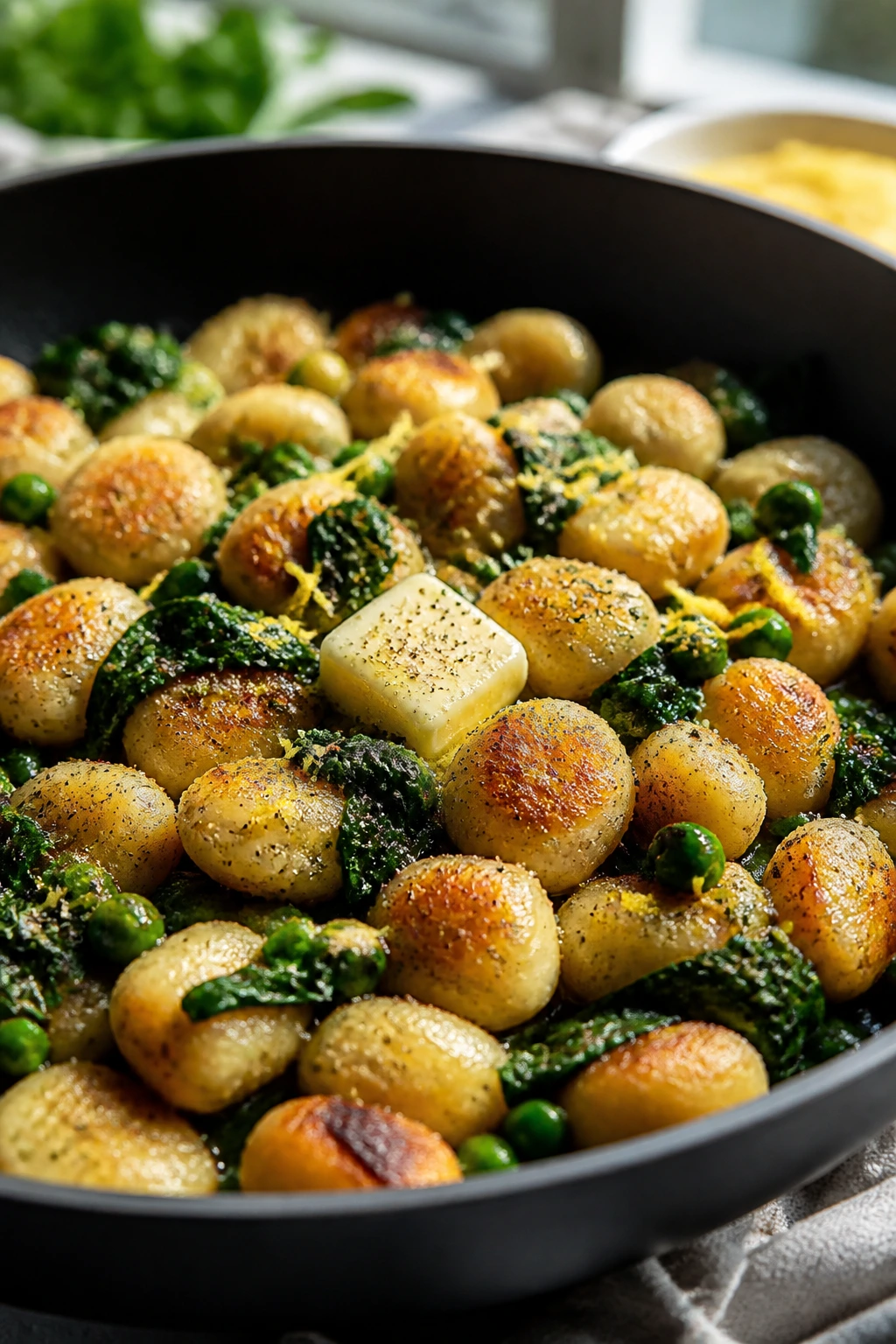Close-up of browned cauliflower gnocchi with peas and spinach in a skillet
