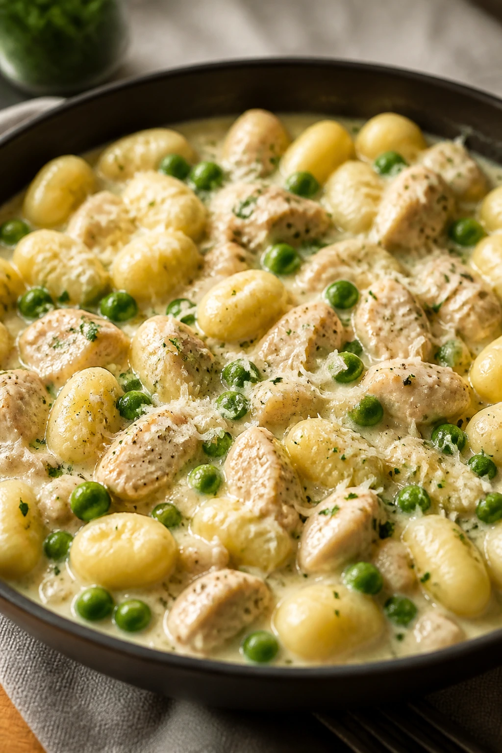 Creamy gnocchi with chicken and peas on a plate in a bright kitchen