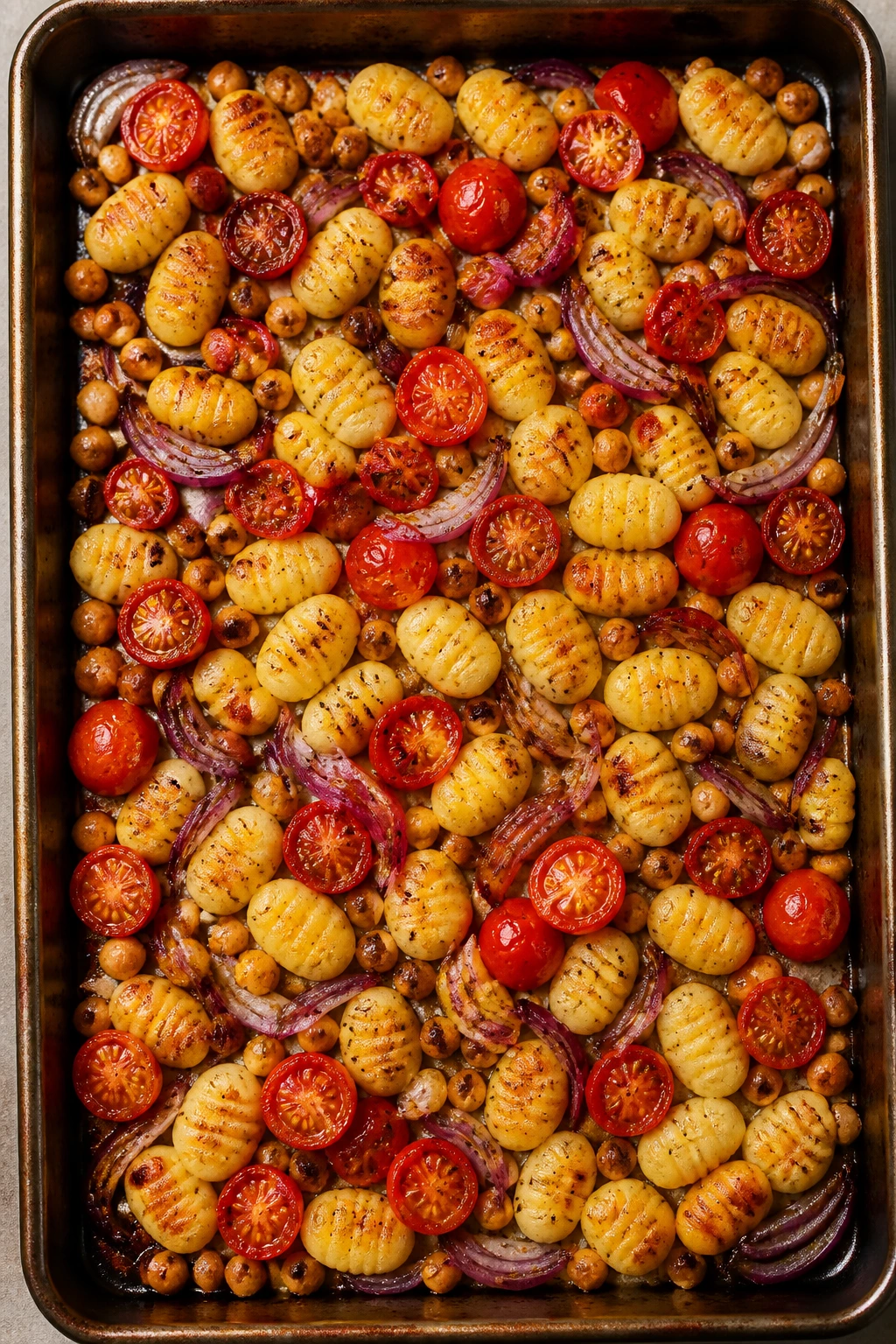 Sheet-pan gnocchi with tomatoes and chickpeas roasted on a baking sheet