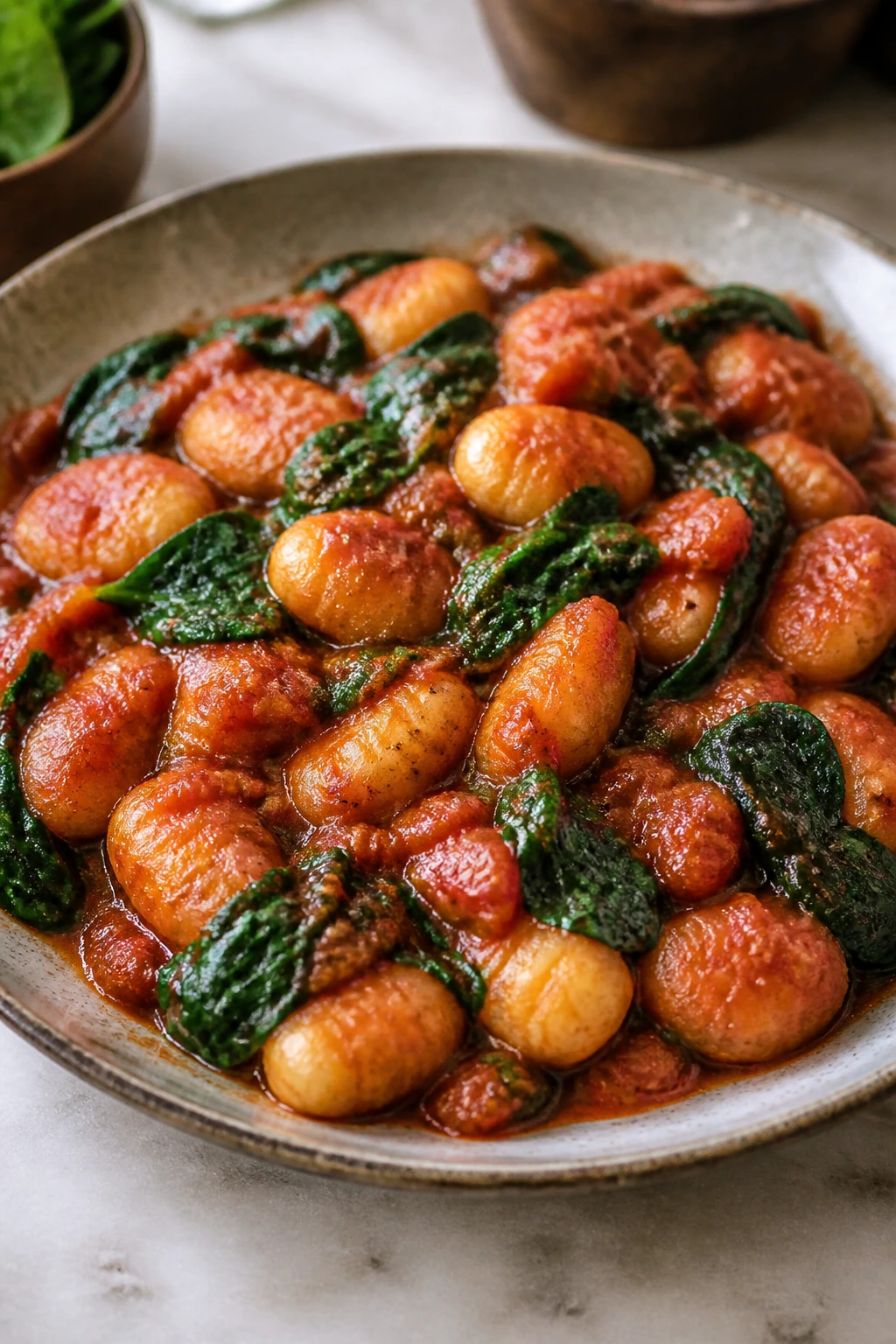 Plate of gnocchi in marinara sauce with spinach
