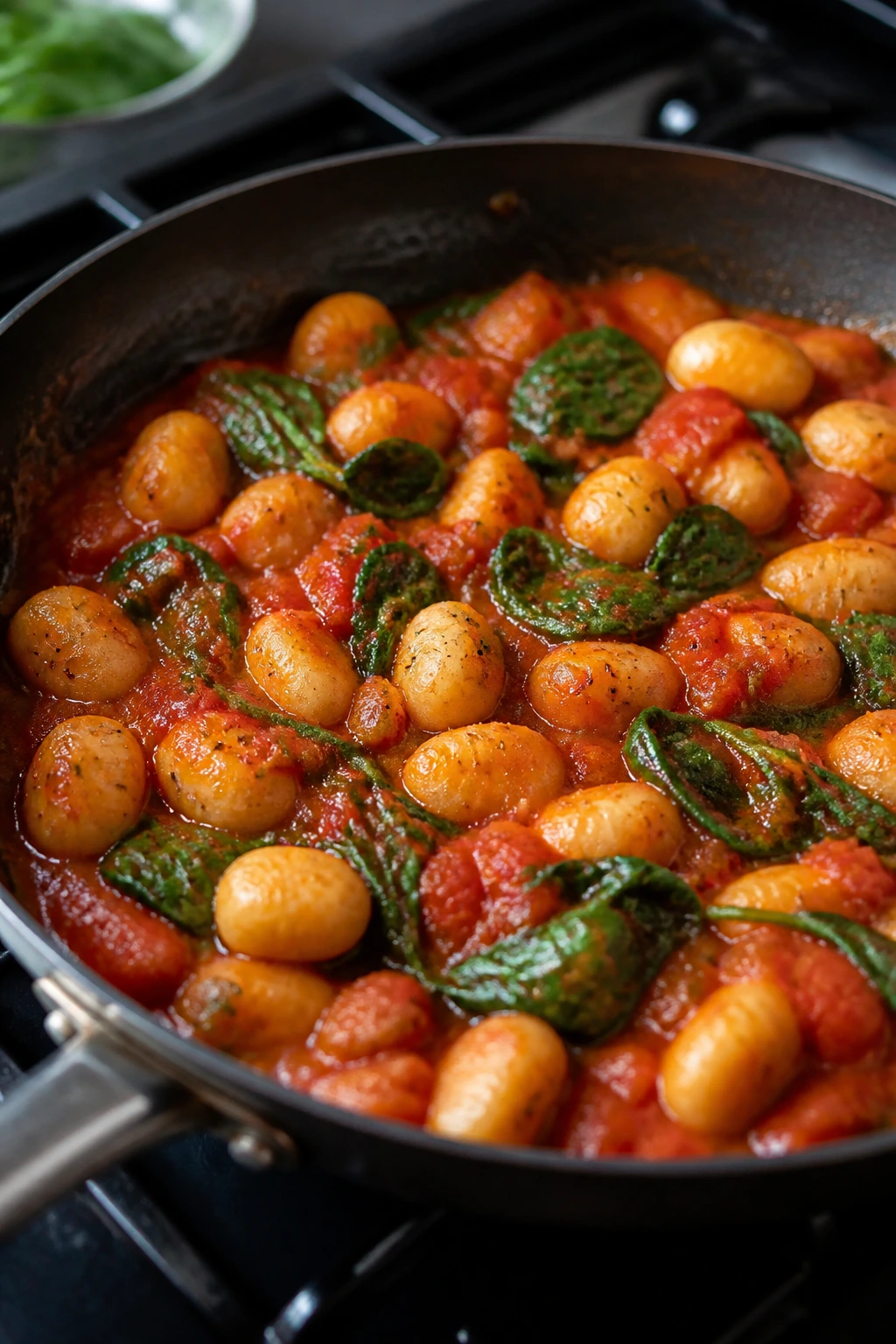 Close-up of gnocchi in marinara with spinach in a skillet