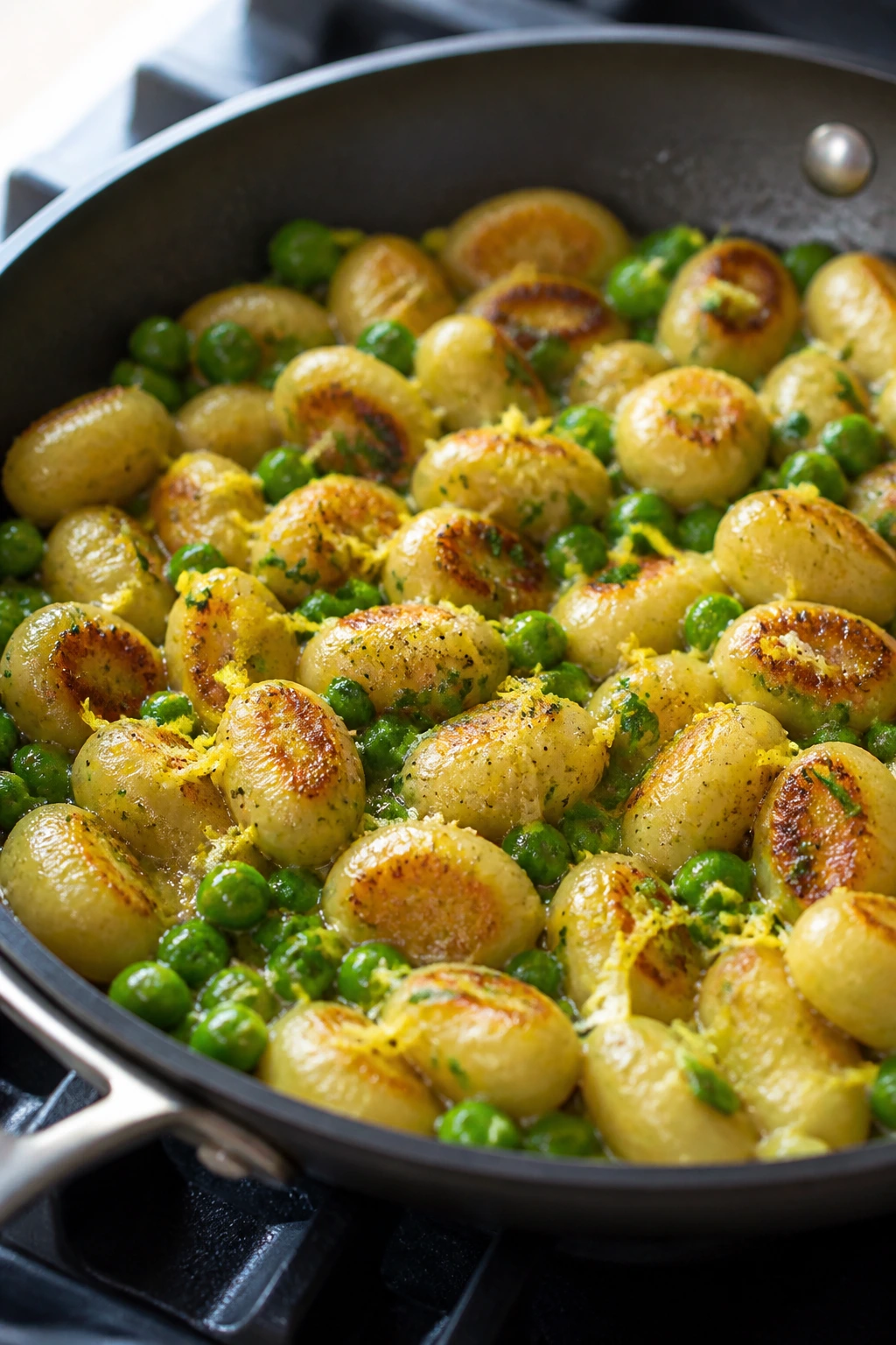 Close-up of lemon butter gnocchi with peas in a skillet