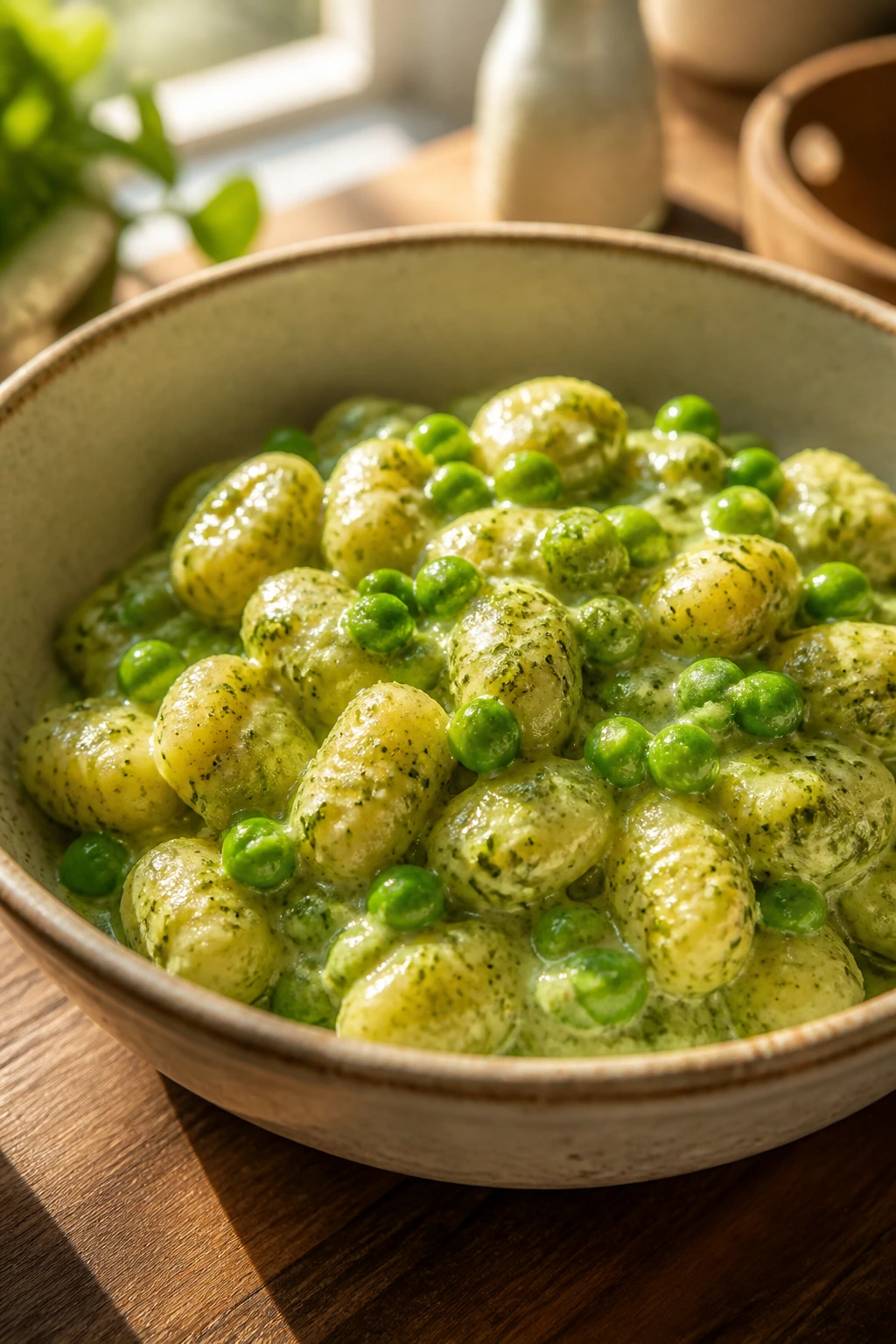 Close-up of creamy pesto gnocchi with peas in a rustic bowl