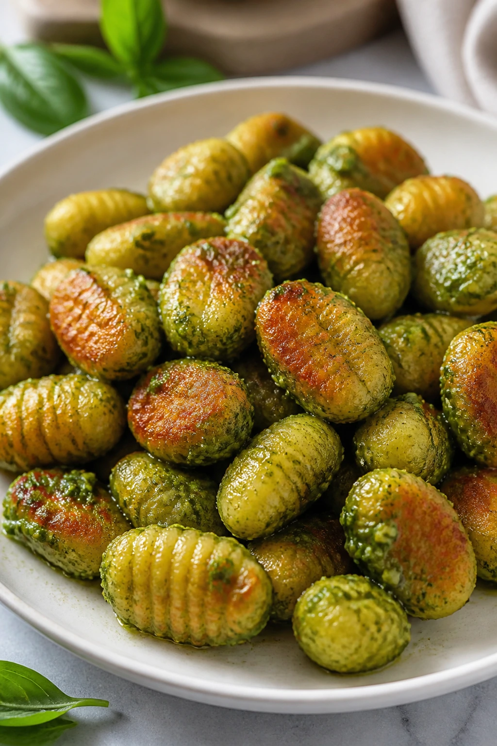 Gnocchi browned with pesto on plate.