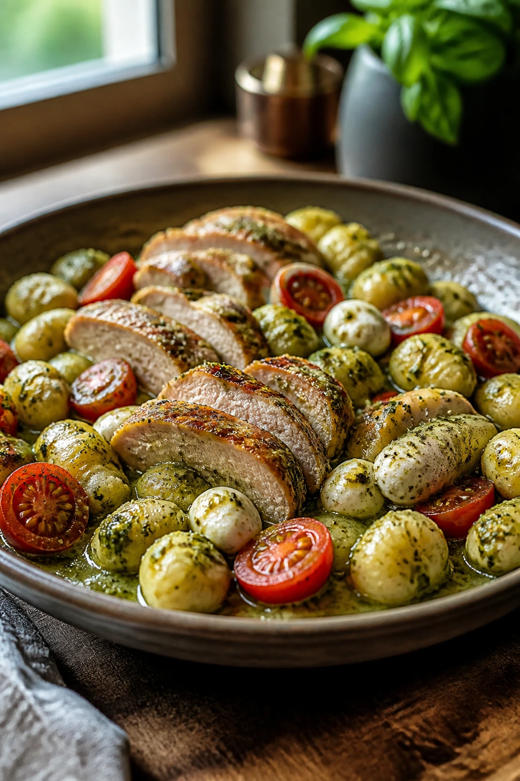 Gnocchi with pesto, chicken tenders, and cherry tomatoes on plate
