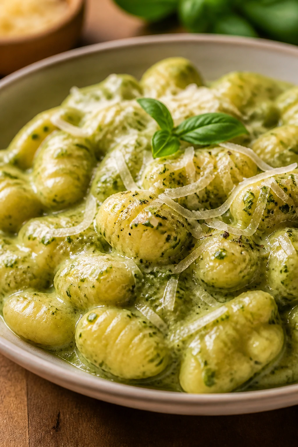 Creamy pesto gnocchi with Parmesan in a bowl