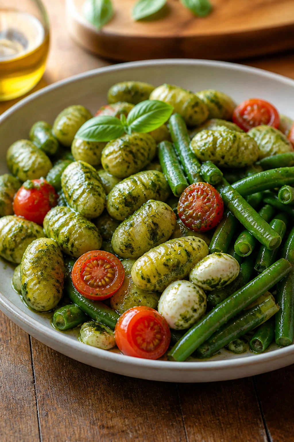 Close-up of gnocchi with pesto and green beans on a plate