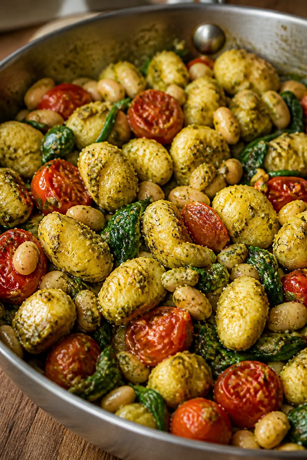 Skillet of pesto-coated gnocchi with white beans and spinach