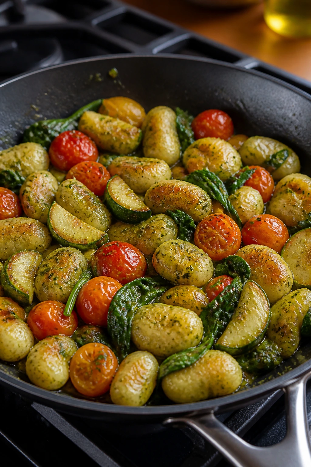 Skillet of pesto gnocchi with zucchini and tomatoes