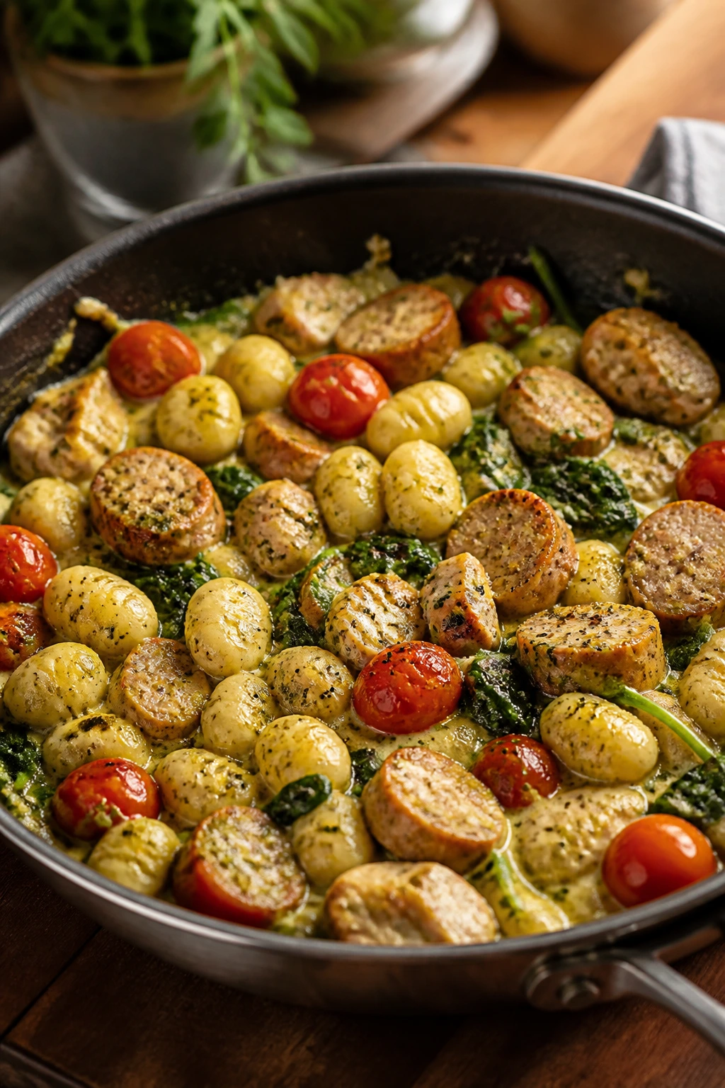 Skillet with gnocchi, chicken sausage, tomatoes, spinach and pesto sauce