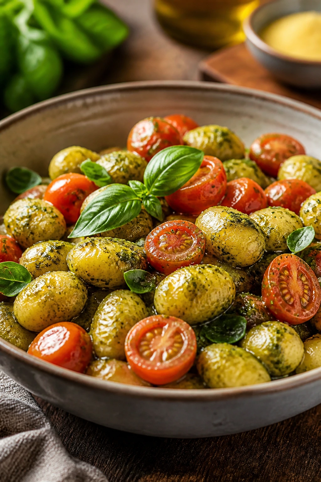 Gnocchi with pesto and cherry tomatoes in a bowl