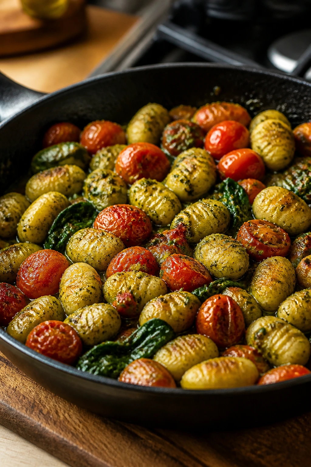 Close-up of pesto gnocchi with blistered cherry tomatoes in a skillet