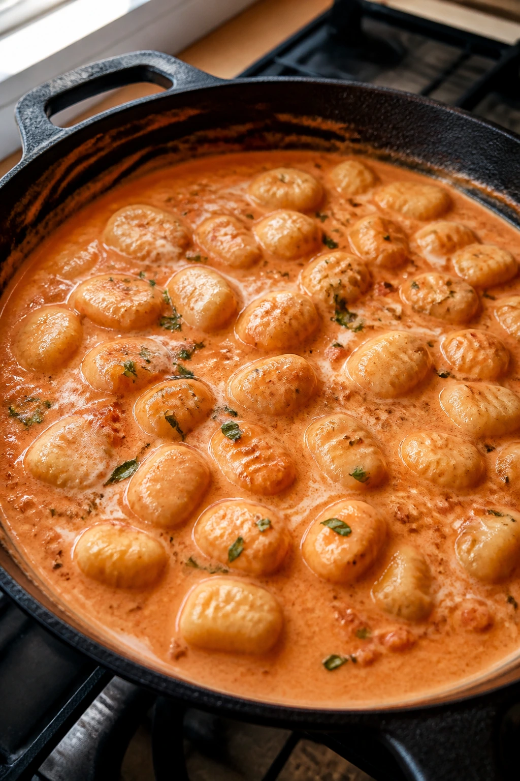 Close-up of gnocchi in pink tomato-cream sauce in a skillet