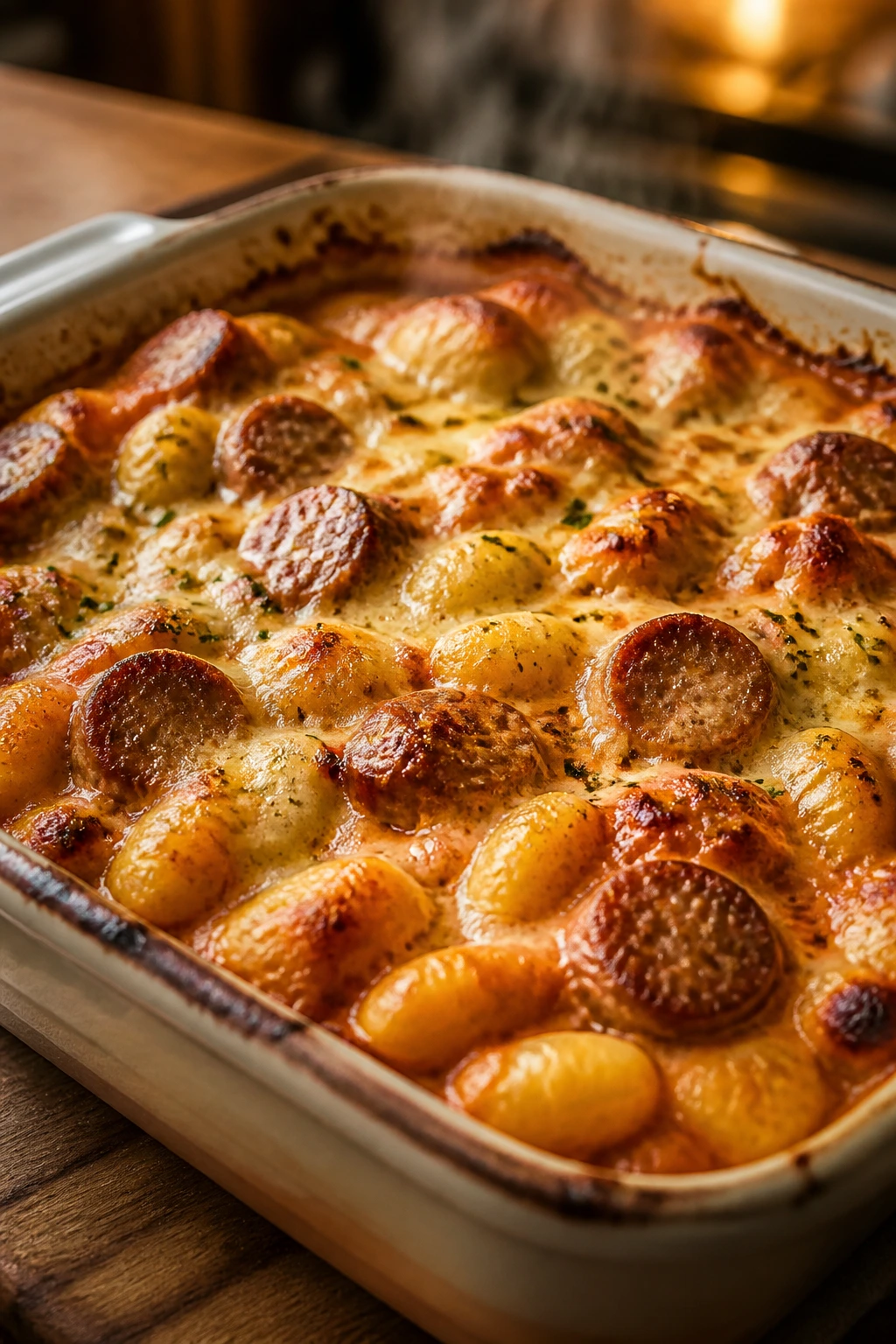 Bubbling gnocchi bake with sausage and cheese in a baking dish