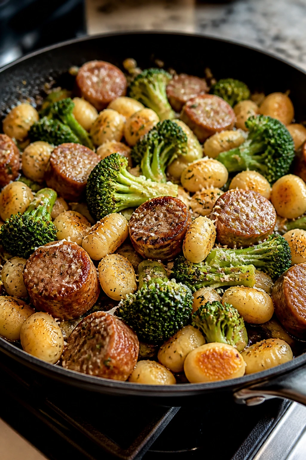 Close-up skillet of gnocchi with sausage and broccoli