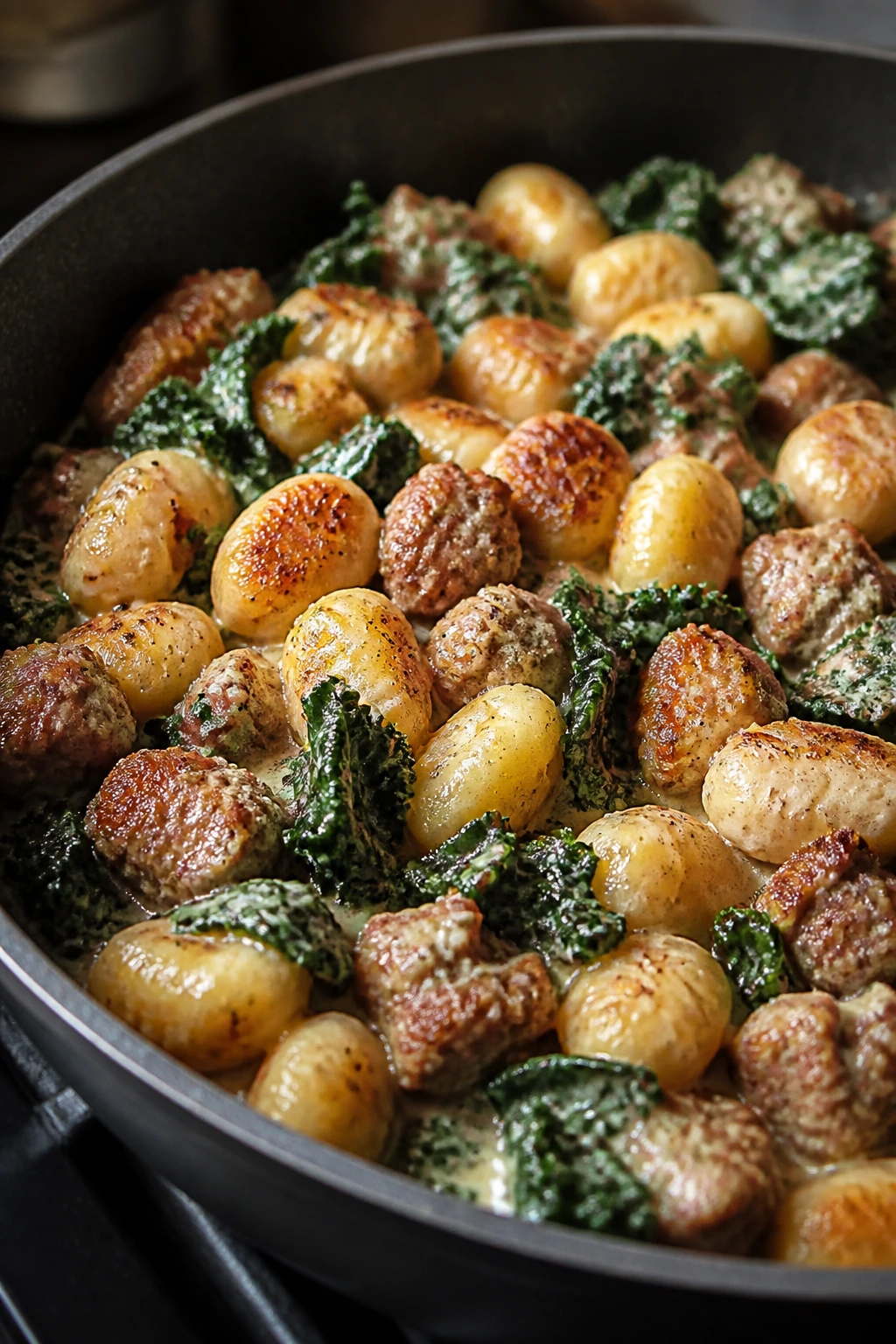 Gnocchi with sausage and kale in a skillet with cream
