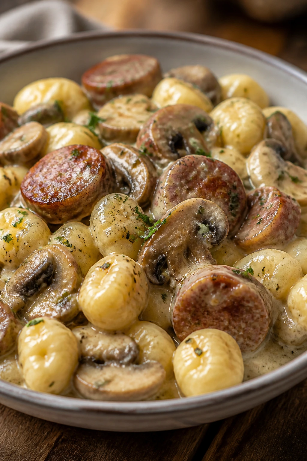 Creamy sausage and mushroom gnocchi in a bowl, sauce coats gnocchi