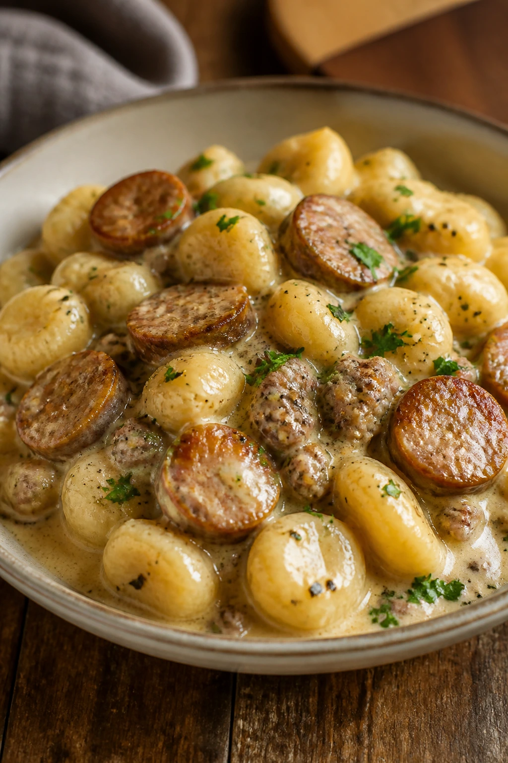 Creamy sausage gnocchi in a bowl on a wooden table