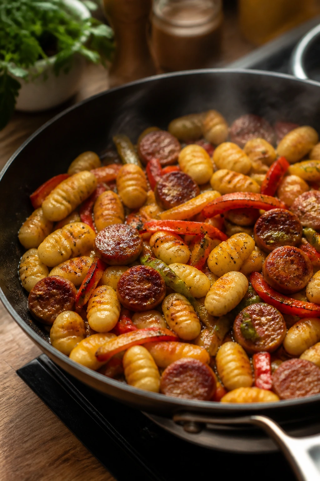 Close-up of a skillet with gnocchi, sausage and peppers