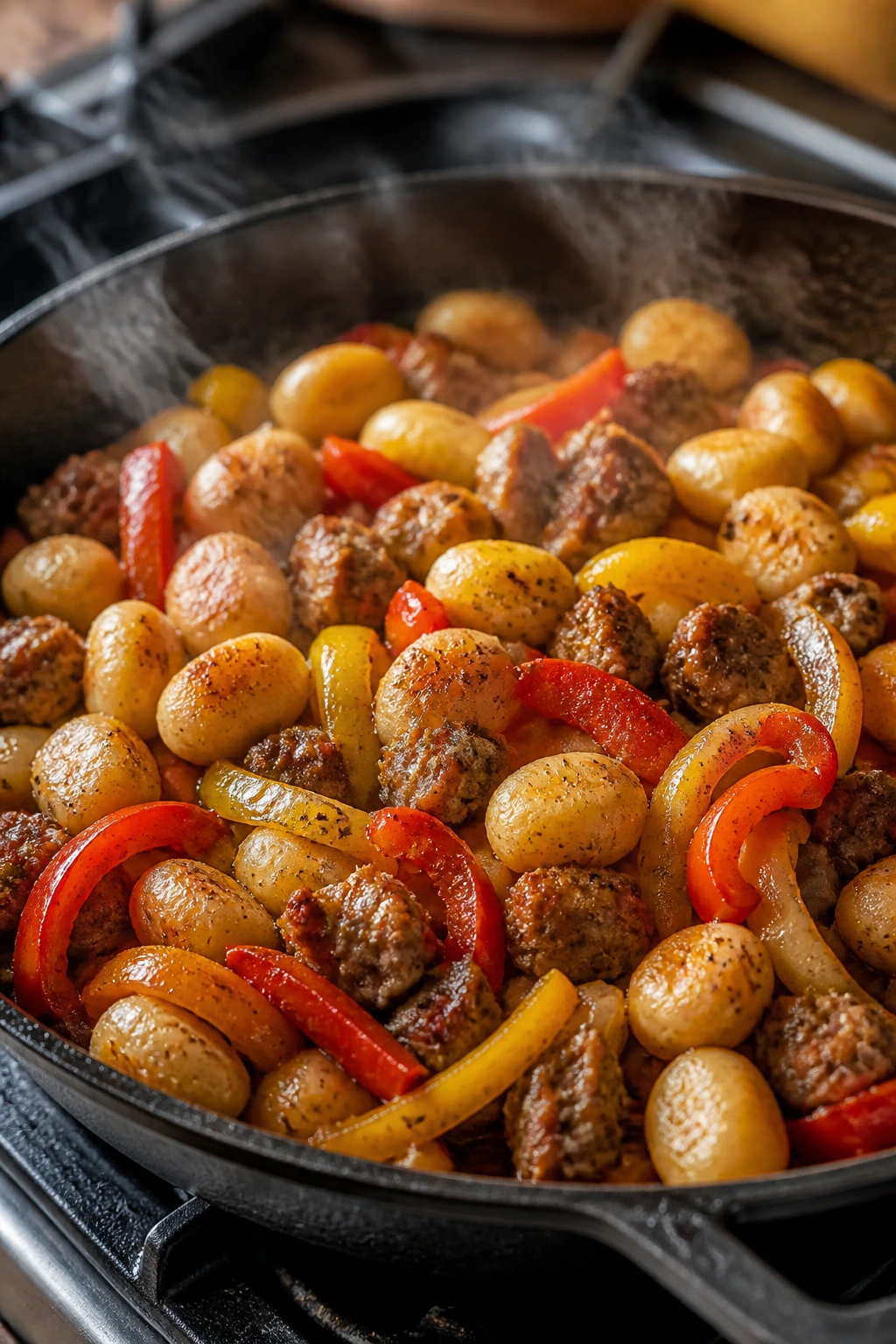 Sizzling skillet gnocchi with sausage and peppers