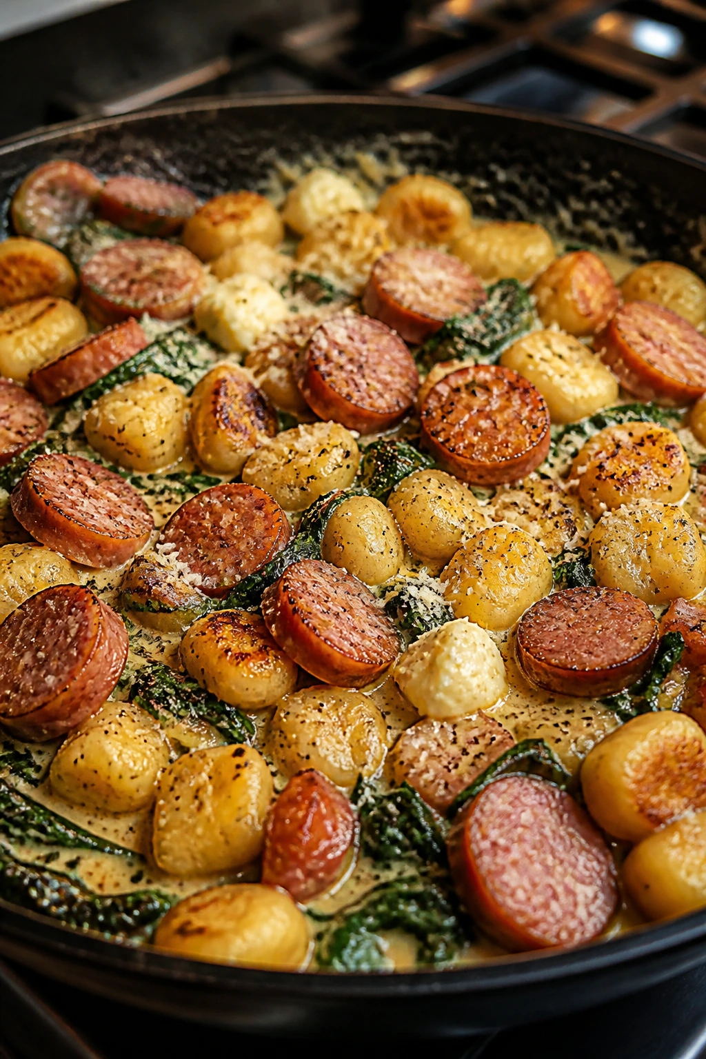 Skillet with browned gnocchi, smoked sausage and spinach in a creamy sauce