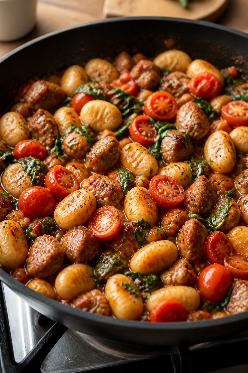 Close-up of one-pan sausage gnocchi with tomatoes and spinach