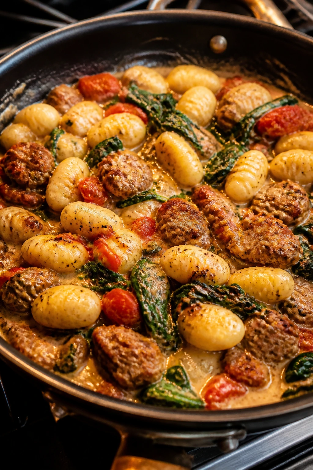 Close-up of one-skillet gnocchi with sausage, tomato, and spinach.