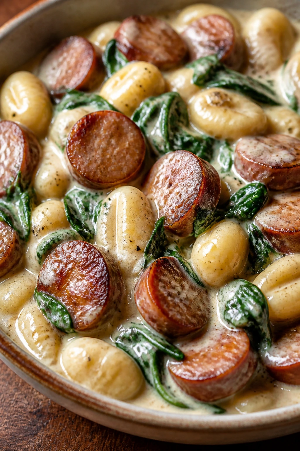 Gnocchi with sausage and spinach in creamy sauce