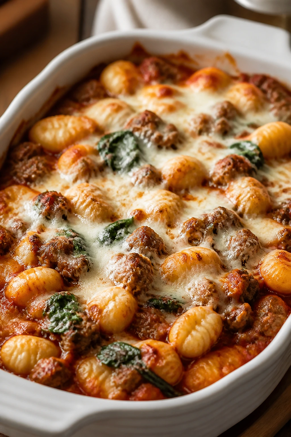 Close-up of Gnocchi with Sausage and Spinach Bake bubbling in a dish
