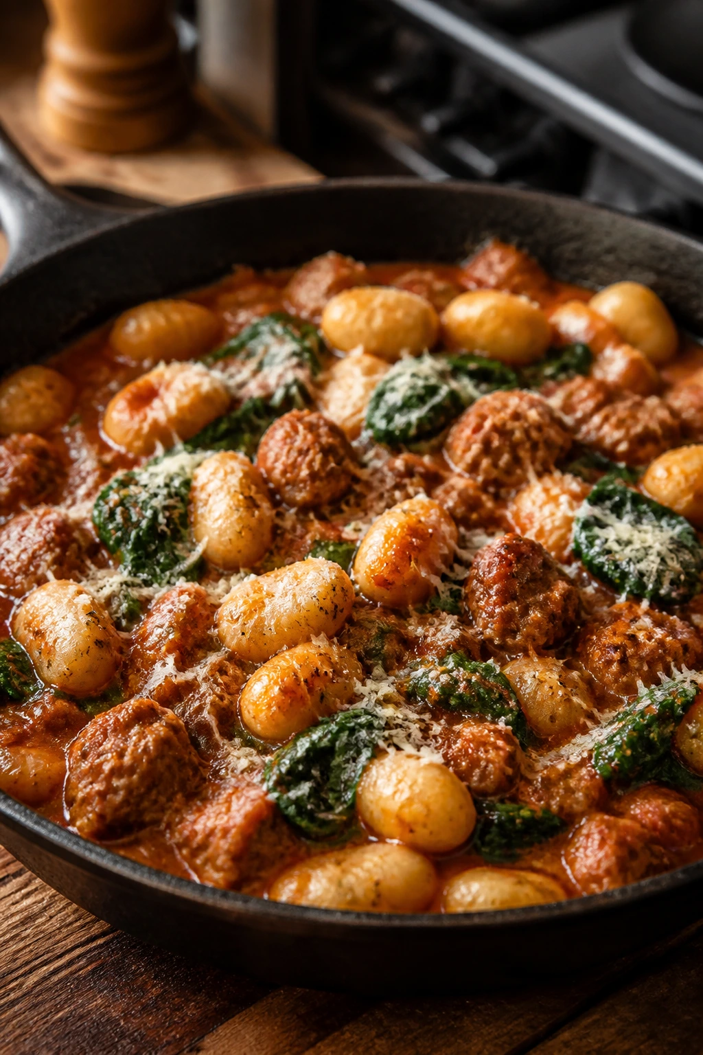 Skillet gnocchi with sausage and spinach in tomato sauce