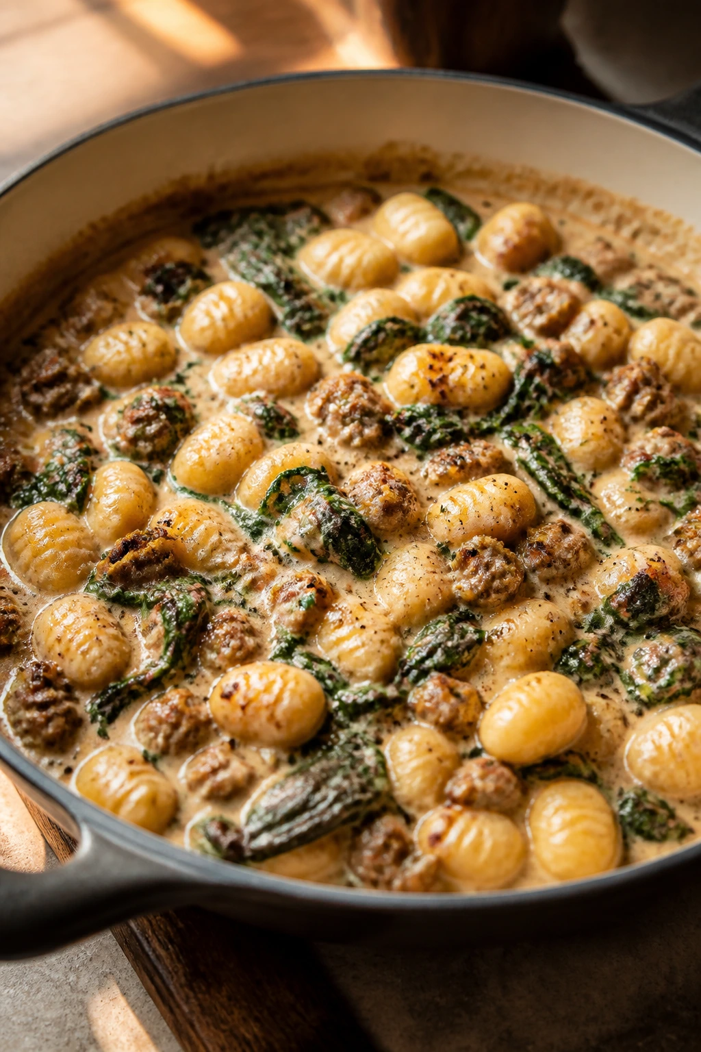 Close-up of sausage gnocchi in skillet with creamy sauce and spinach