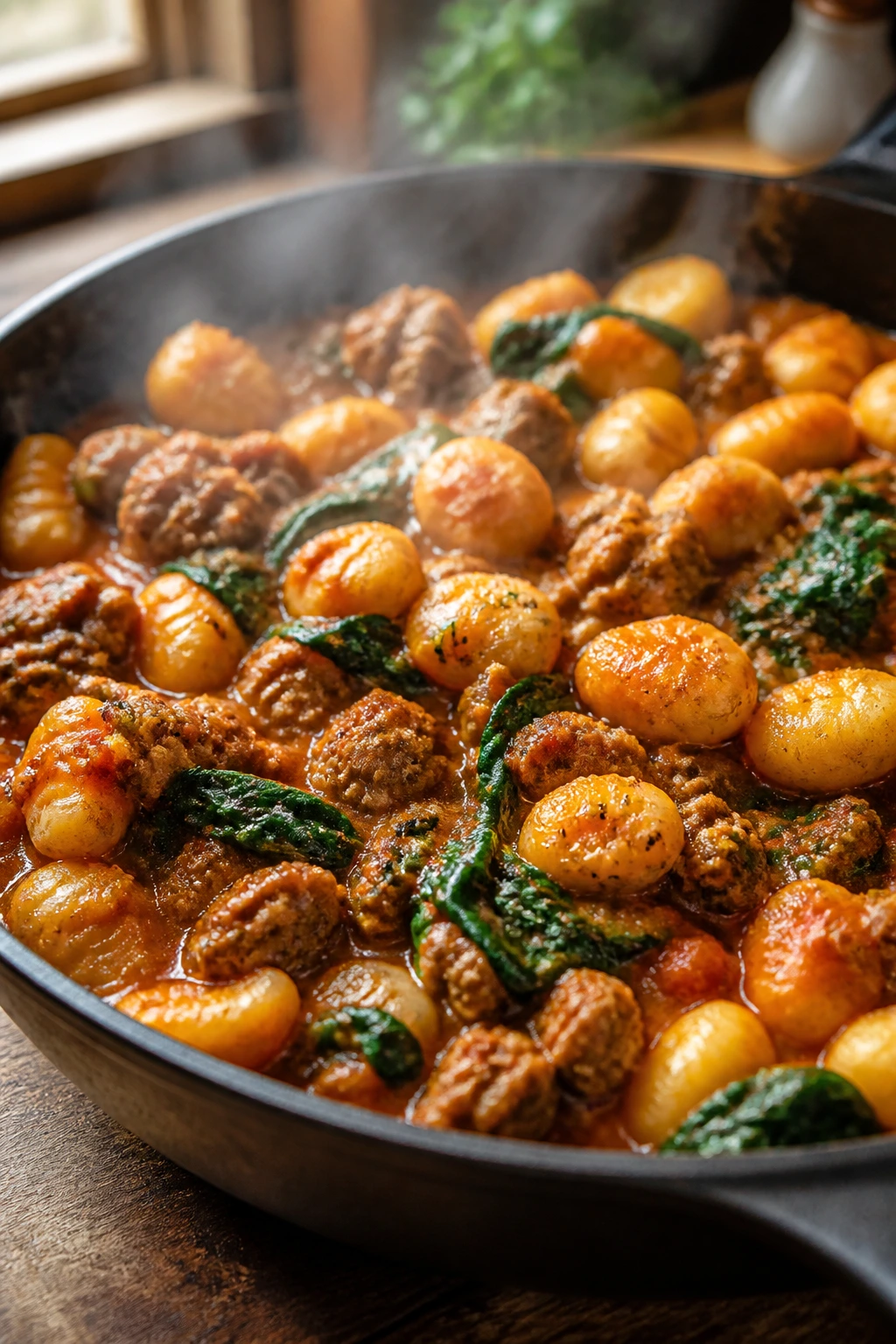 Close-up of skillet gnocchi with sausage and spinach in tomato sauce