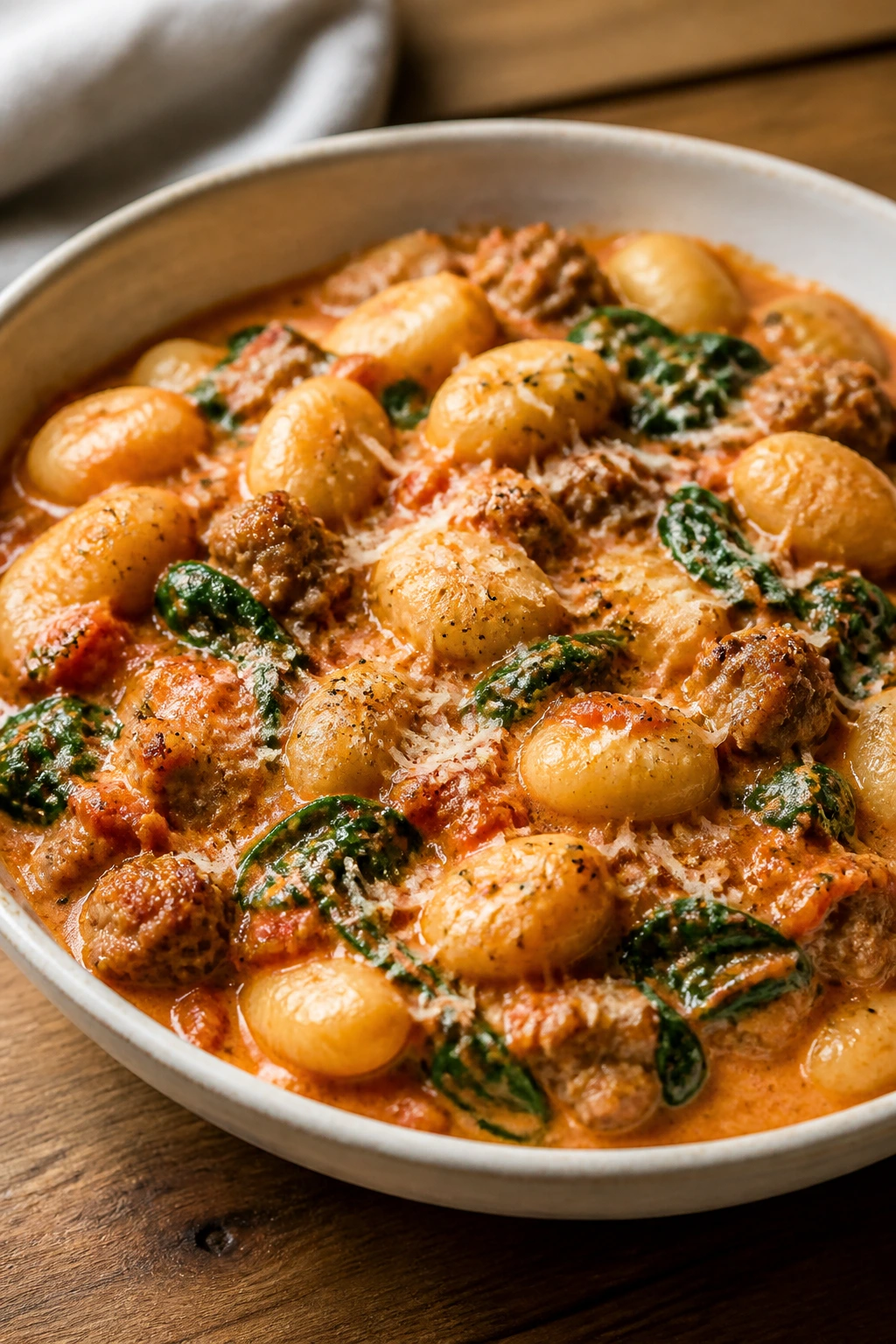 Close-up of gnocchi with sausage in creamy tomato sauce in a bowl