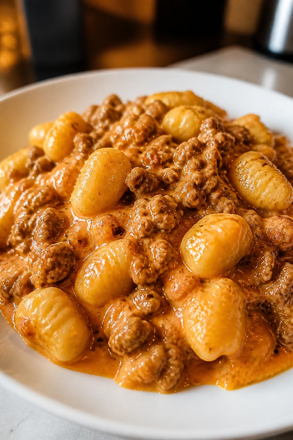 Close-up of sausage gnocchi in tomato cream sauce on a plate.