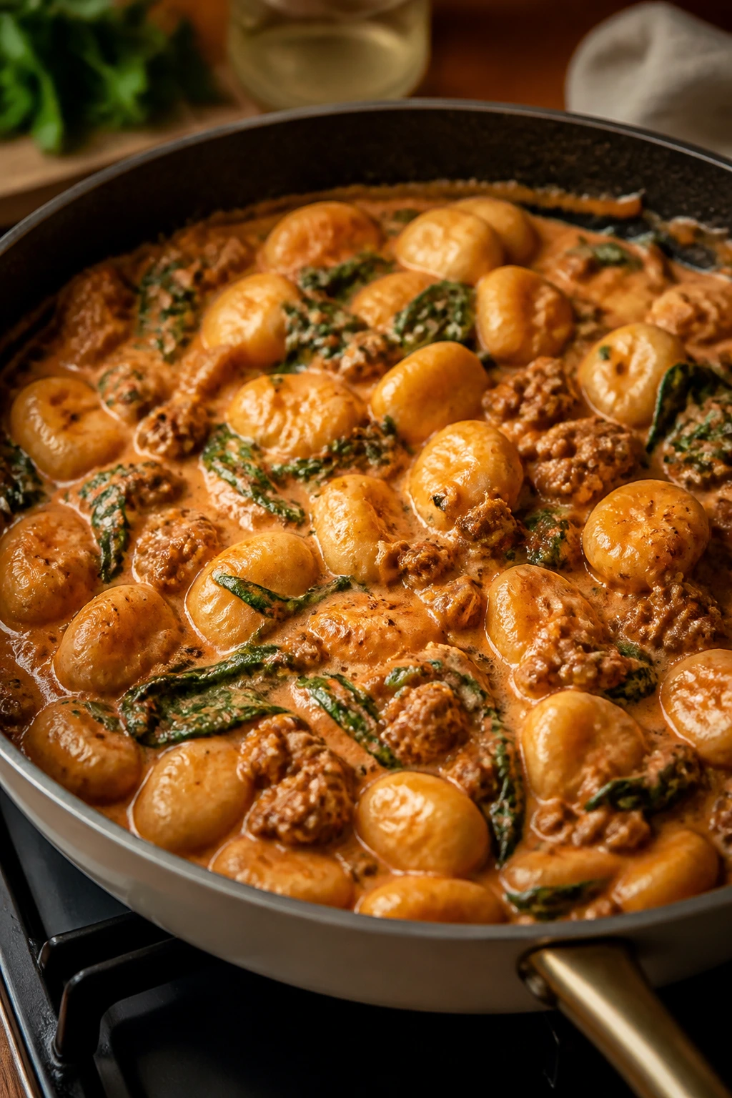 Close-up of gnocchi with sausage in tomato cream sauce